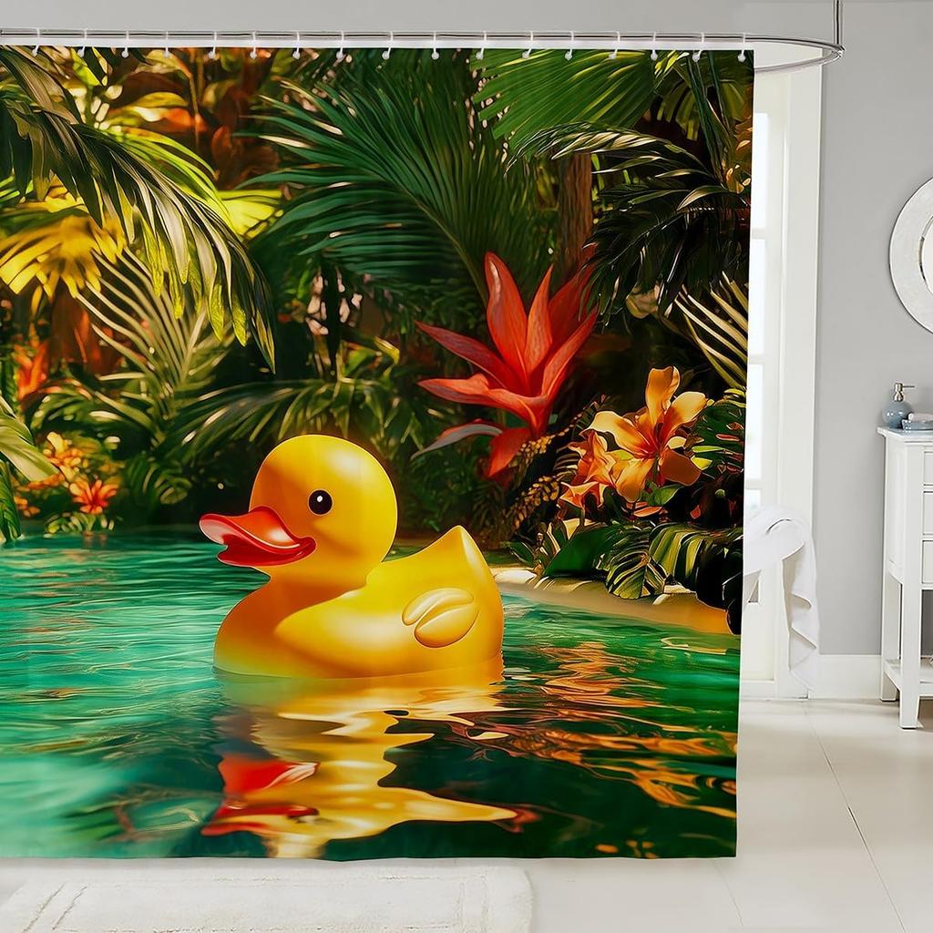Yellow Rubber Duck Shower Curtain Set,Cute Swimming Duck Bathroom Decor for Kids,Kawaii Animal Bathroom Set Gifts for Pet Lovers