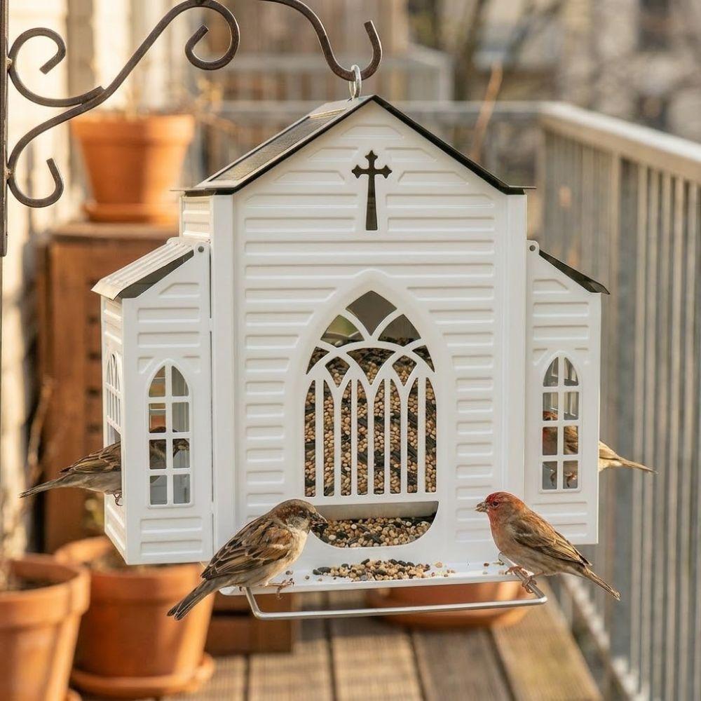 LED Lights Solar Bird Feeder Heavy-Duty House Shape Hanging Wild Bird Feeder Solar-Powered Bird Cage Bird Feeding Station
