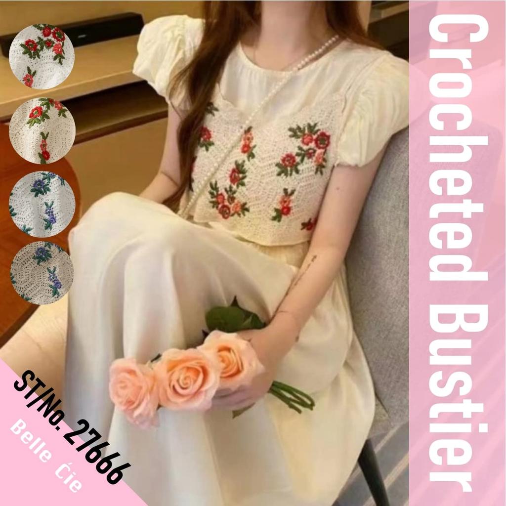 Belle Cie Crochet Cami with Embroidered Layered Girly Feminine Bustier Motifs, (ST/No.27666) (F(Free Size), A)