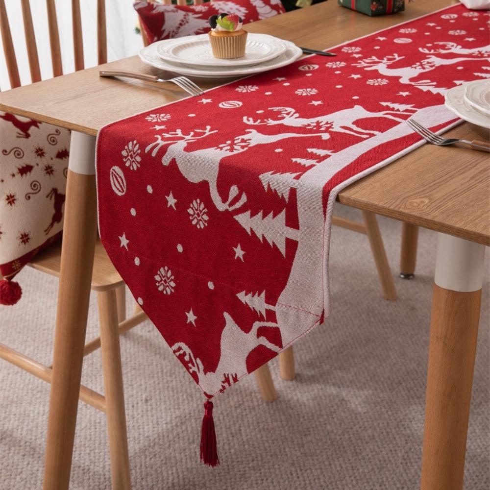 Christmas Table Runner Red Holiday Table Decor Reindeer Snowflakes Pine Trees Festive Dining Room Decoration for Christmas Party