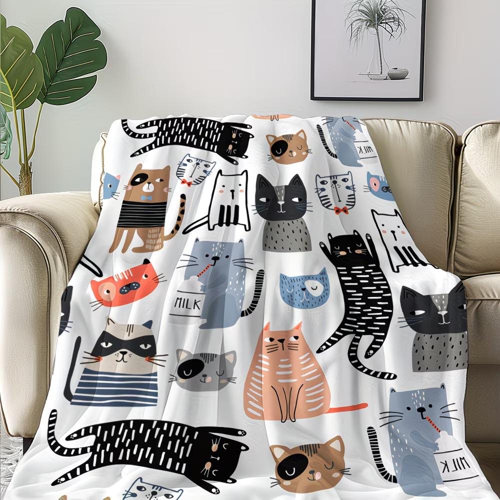 Animal Element 1pc, Cat Blanket Abstract Style, Cartoon Style, Cute Animal, Hand-Drawn Style, Soft and Warm Print Blankets 75cmx90cm