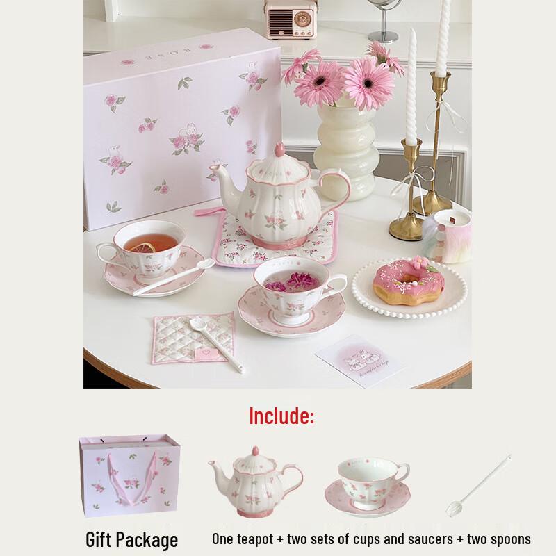 Винтажный французский керамический чайный набор с розовым кроликом