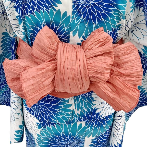 Kyoto Kimono Yuzen Yukata and Obi Set Blue Chrysanthemum Floral Print Retro Modern Yukata (2 Pieces)