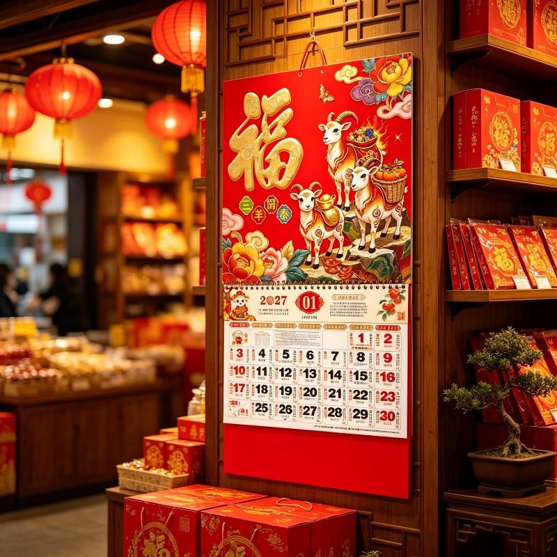 2027 Traditional Zodiac Sheep Year Wall Calendar Red Gold Foil Chinese Lunar New Year Decor