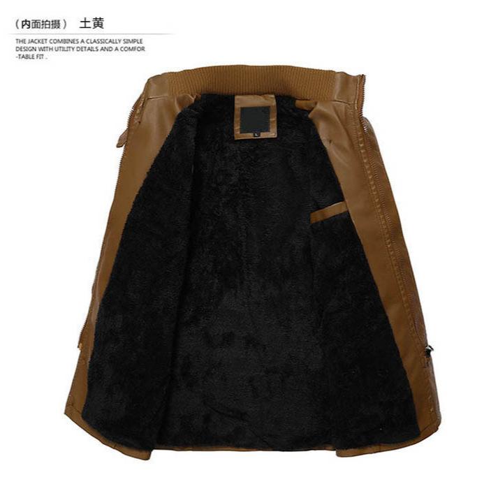 Men's stand-up collar leather jacket medium and long European and American original single fleece thickened locomotive imitation leather jacket