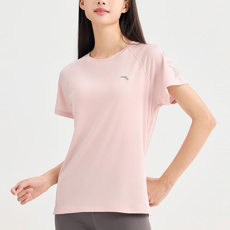 Anta Training Series Letter Logo Print Lightweight Moisture-Wicking Breathable Short Sleeve Raglan T-Shirt Women Tops Soft-Pink 962427103-1
