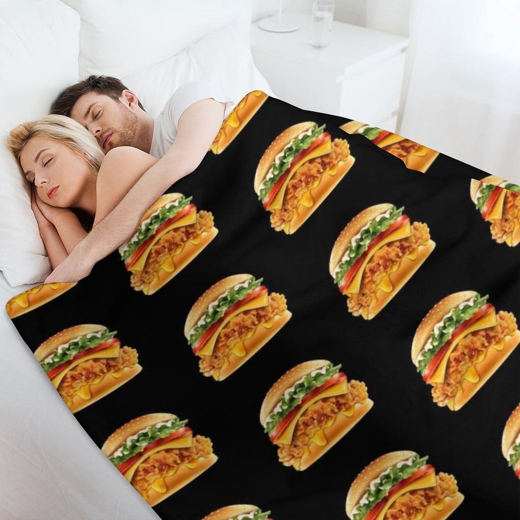 Crispy Chicken Burger With Melted Cheese Throw Blanket Flannel Fabric Loose Summer Tourist Blankets