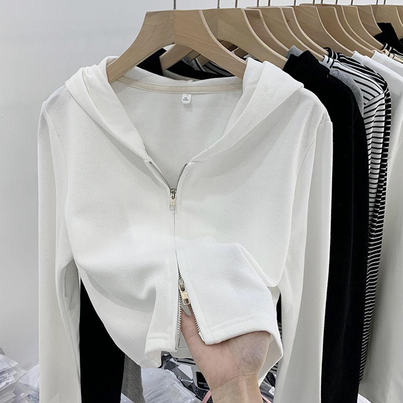 

Women s Cropped Zip Up Cardigan Sweater Ribbed Short Streetwear Top Hooded Cardigan Jacket 3XL білий