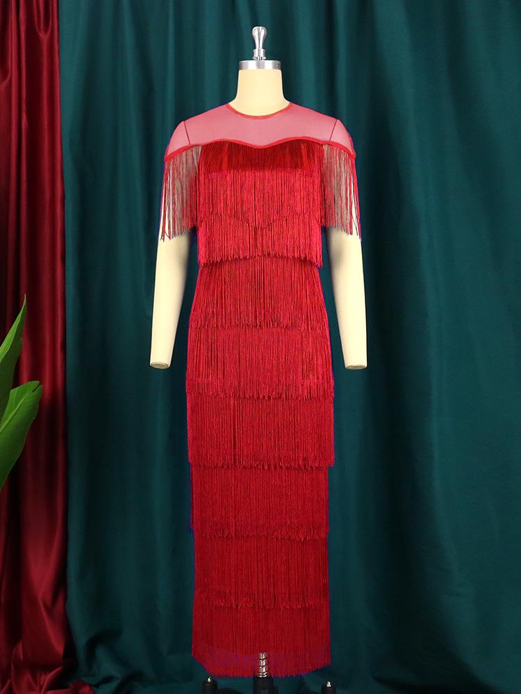 Falda Transparente con Borlas y Abertura Lateral de Cuello Redondo para Mujer Tallas Grandes - Vestido para Fiesta de Vino y Banquete