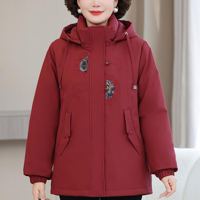 Plus Size XL-6XL Middle Age Women's Short Down Jackets Winter Parkas Hooded Embroidery Elegant Loose Thick Warm Down Coats Woman Outerwears