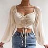 Summer New V-neck Drawstring Chiffon Blouse Women Vintage Lantern Sleeve Slim Fashion Sexy Women's Shirt Tops Elegant Solid Ladies Crop Blouse 25156
