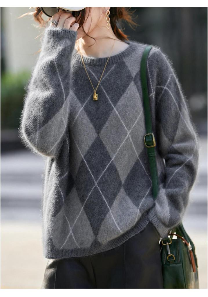 Maglione da donna di alta gamma in lana cashmere con patchwork a rombi - Girocollo, Manica lunga, Autunno/Inverno