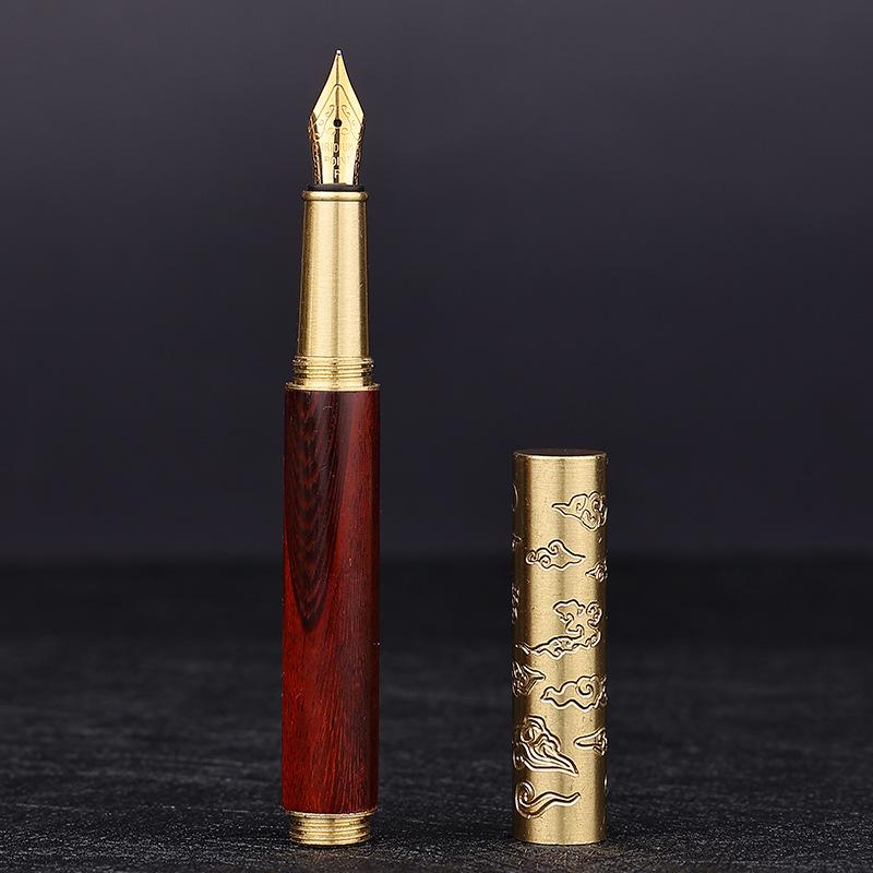 Retro Brass & Sandalwood Pocket Fountain Pen Set – Signature Calligraphy and Business Office Gift.