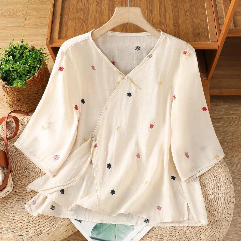 

Новая рубашка с косой планкой в китайском стиле, с вышивкой, со средним рукавом, женская, летняя, модная, в стиле ретро, национальный шик, футболка, топ M абрикосовый