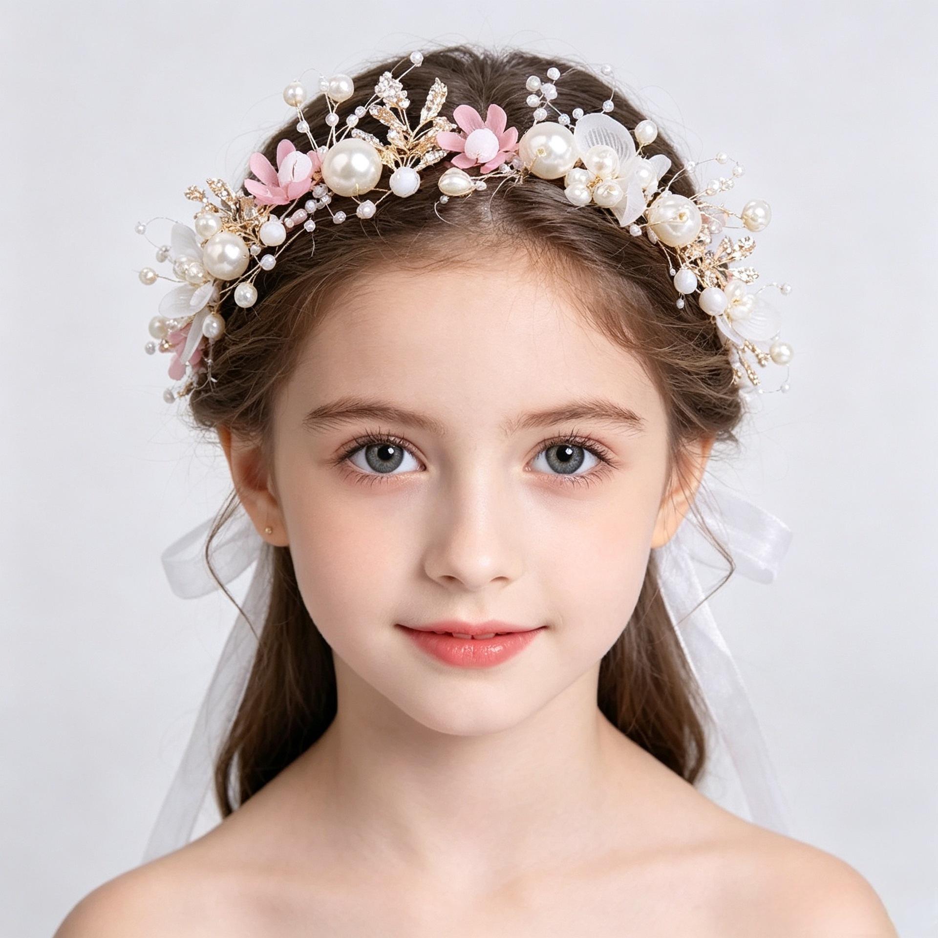 White Floral Pearl Flower Girl Headpiece Wedding Bridal Hair Garland Crown with Ribbon 1 piece pack