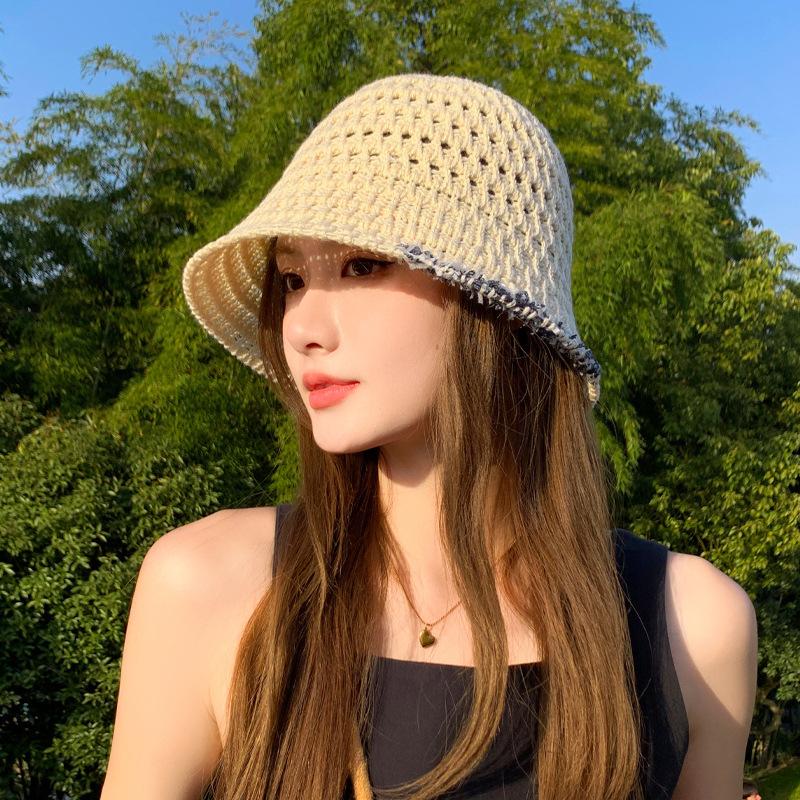 Mesh knitted hollow straw hat summer hat women's sunscreen hat solid color outdoor visor lace fashion bucket hat