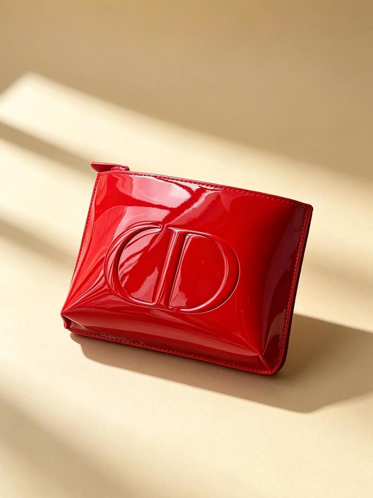 Dior Borsa Trucco in Pelle Verniciata Rossa con Logo CD Embossato, Accessorio Beauty di Marca, Mini Custodia Cosmetica con Zip per Donne, Viaggio, Quotidiano