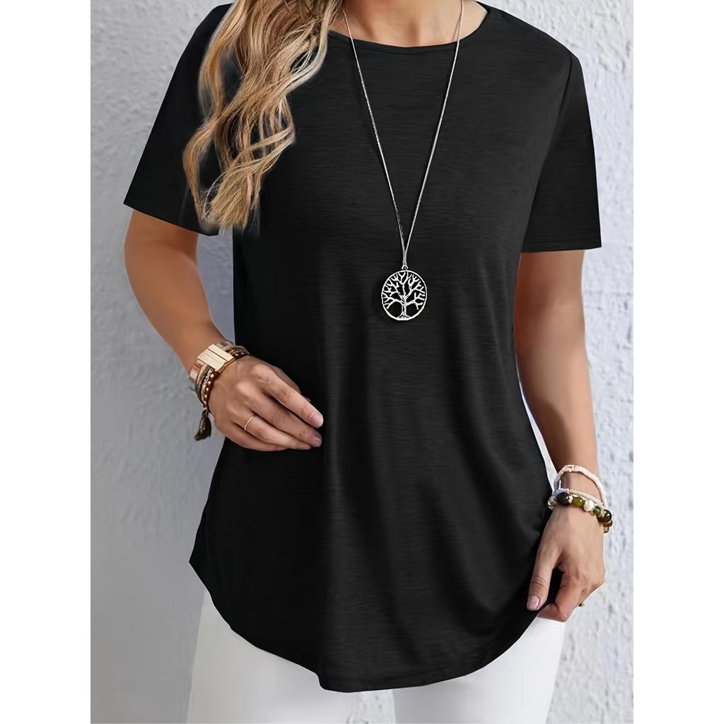 Spring Summer Solid Color T-shirt, Elegant Back Button Design, Casual Top for Women, European American Fashion Casual Wear