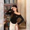 Autumn Super Good-looking Ootd White Slanted Shoulder Embroidered Bow Long-sleeved T-shirt Women's Off-the-shoulder Slim-fit Top