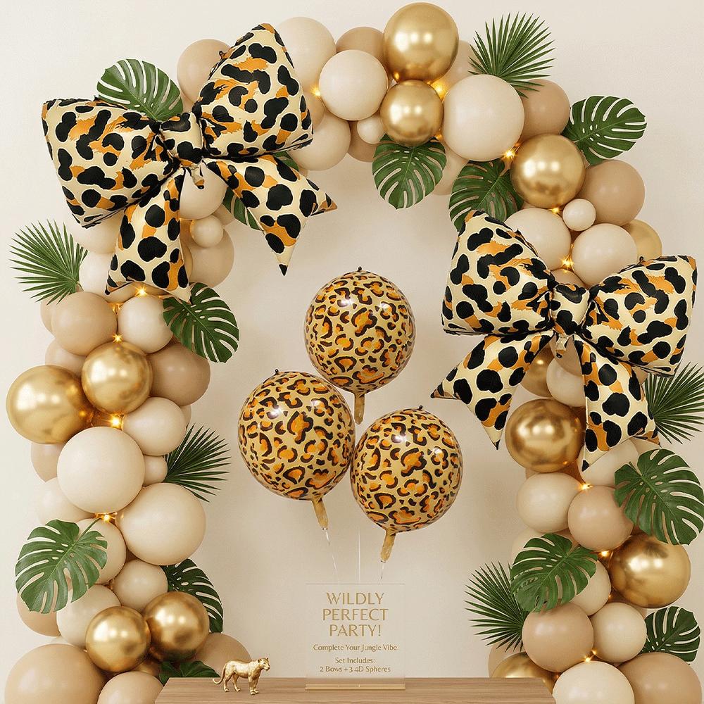 Leopard Print Bow Foil Balloons 4D Round Cheetah Animal Balloon Wild One Jungle Safari Theme Birthday Bachelorette Party Decor