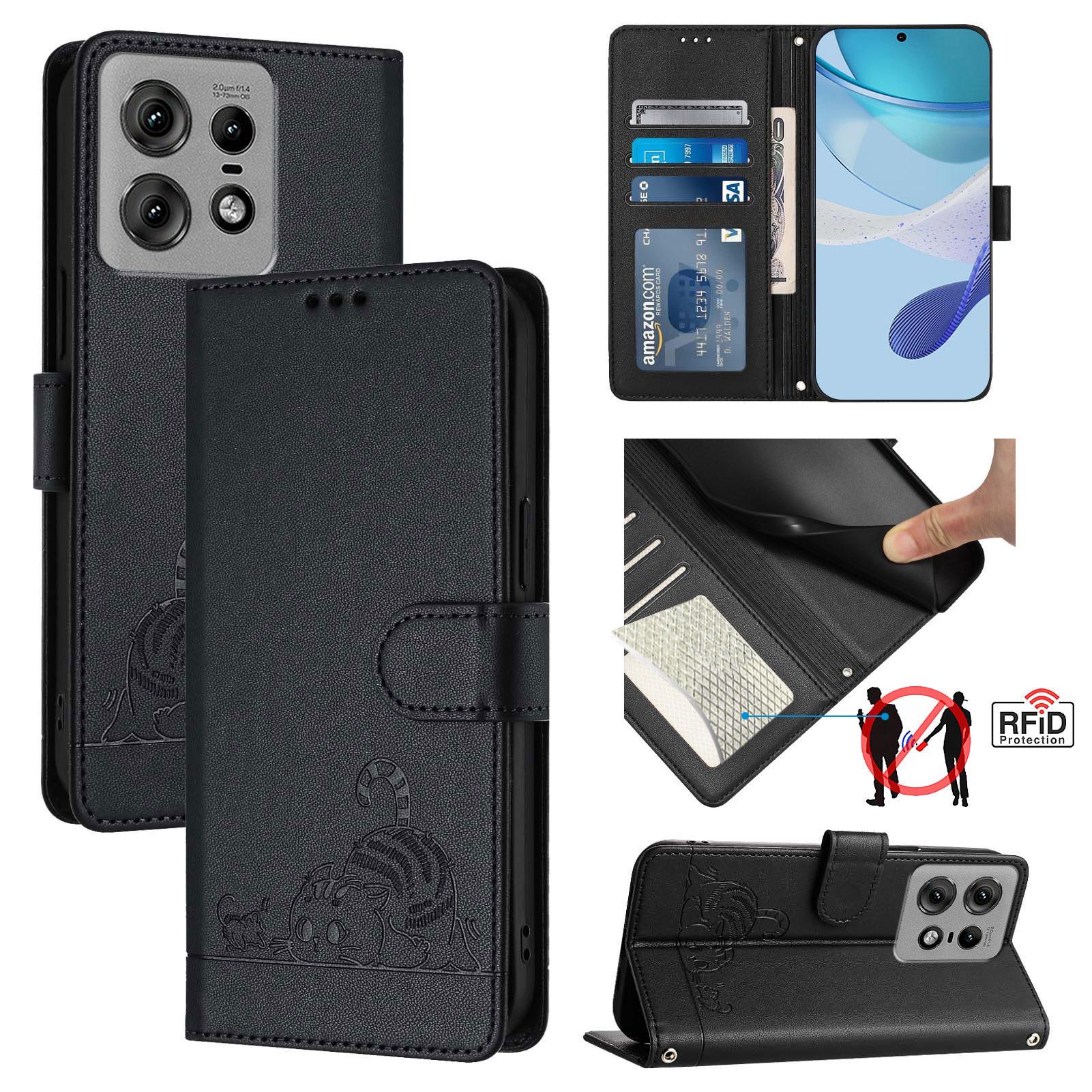 

For Motorola Edge 50 Pro 5G Case with Strap RFID Blocking Leather Wallet Phone Cover Cat Mouse Pattern Black
