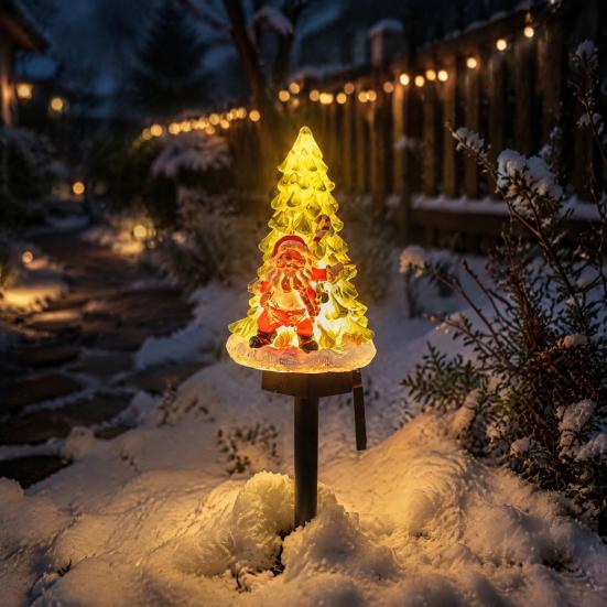 Christmas Tree Ornament for Garden Solar Light, Santa Resin Yard Stake Decor with Craft Decorations Patio Warm Glow, Waterproof Outdoor Lawn