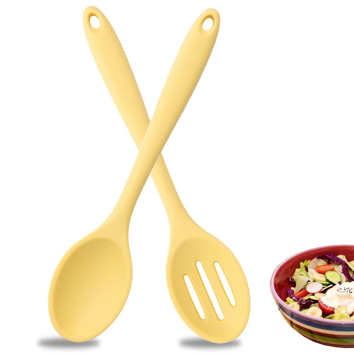 

2-Piece Nonstick 20cm Silicone Spoons Set Mini Eating Utensils Solid Spoon Slotted Spoon for Dinner Stirring Draining жёлтый