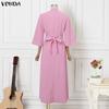 VONDA Elegant Women Batwing Sleeve Belt Waist Casual Loose Maxi Dress