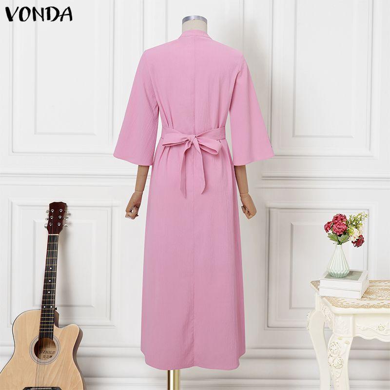 VONDA Elegant Women Batwing Sleeve Belt Waist Casual Loose Maxi Dress