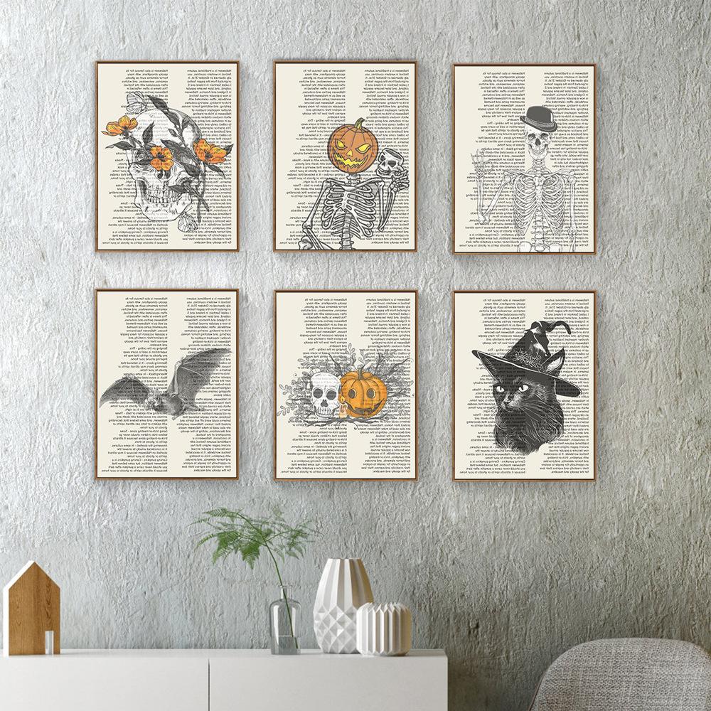 Pittura su Tela Zucca di Halloween Testa Strega Scheletro Pipistrello Quotidiano Inglese Pittura Decorativa Nordica per Soggiorno Casa
