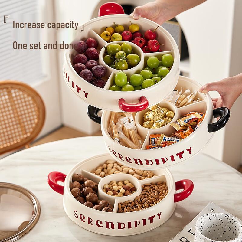 Tavă de servire în straturi, compartimentată, pentru gustări și fructe, cu fundă