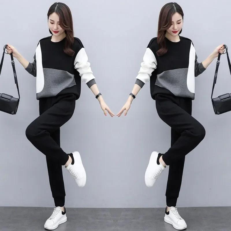 Women's Fall Casual Sports Suit Women's Korean Style Loose Fit Sweatshirt Pants Tweed Style 2-piece Set