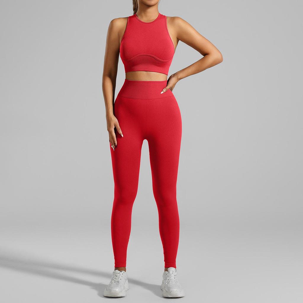 European & American Seamless Ribbed Yoga Suit: High-Intensity Running Fitness Vest & Bra Set