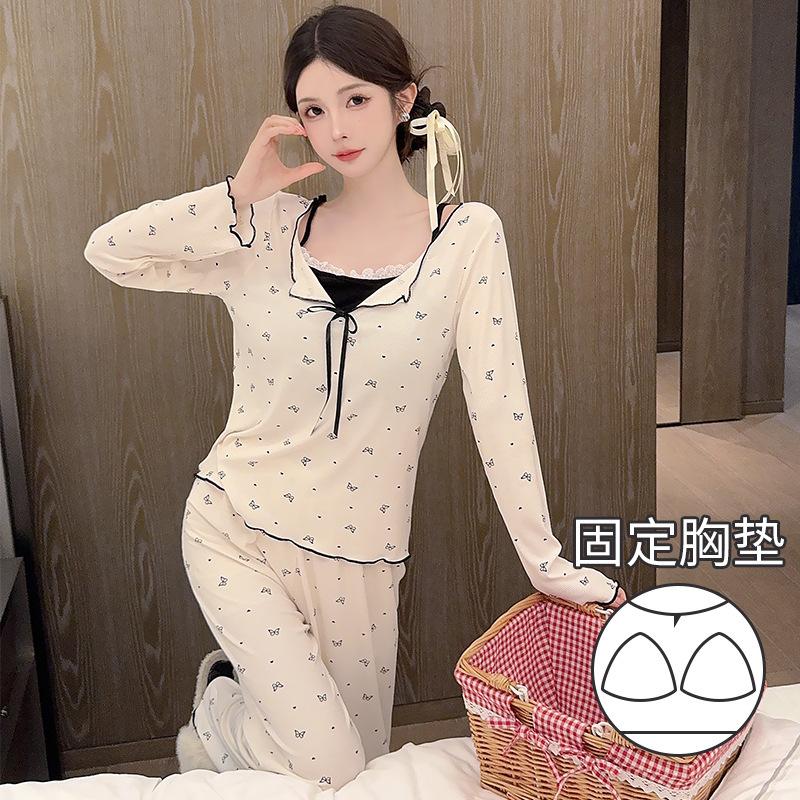 

Spring and summer women s pure desire for style cotton modal fake two pieces with chest pads can be worn outside loungewear long sleeves trousers spot M