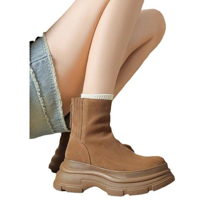 Thick-Soled Martin Boots Women'S Soft Leather Frosted Round-Toed Muffin Short Boots Winter High-Heeled Chimney Fashion Boots