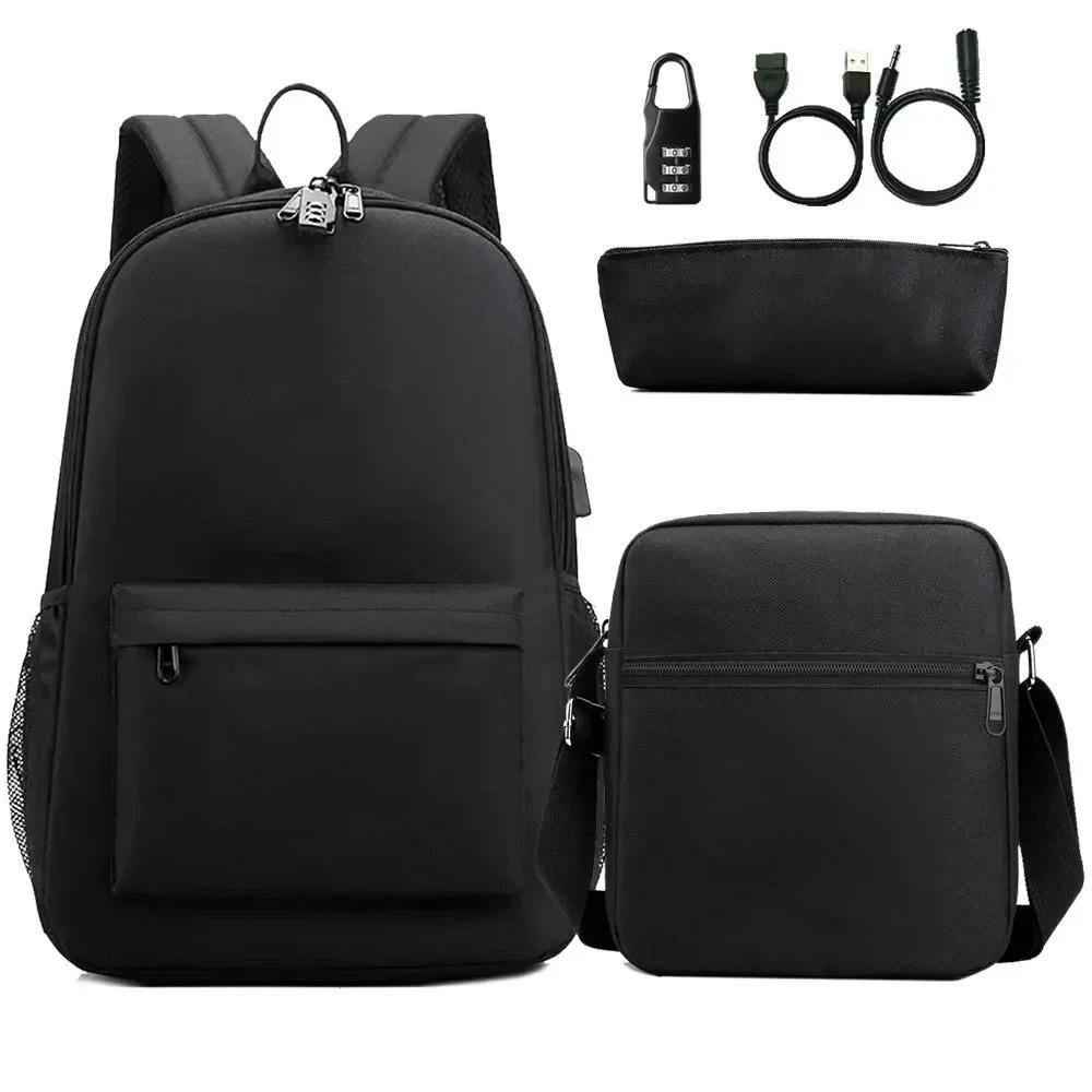 3-delige Schoolrugzakset voor Studenten Grote Capaciteit Oxford Stof Schooltas met Schouderband en Etui black