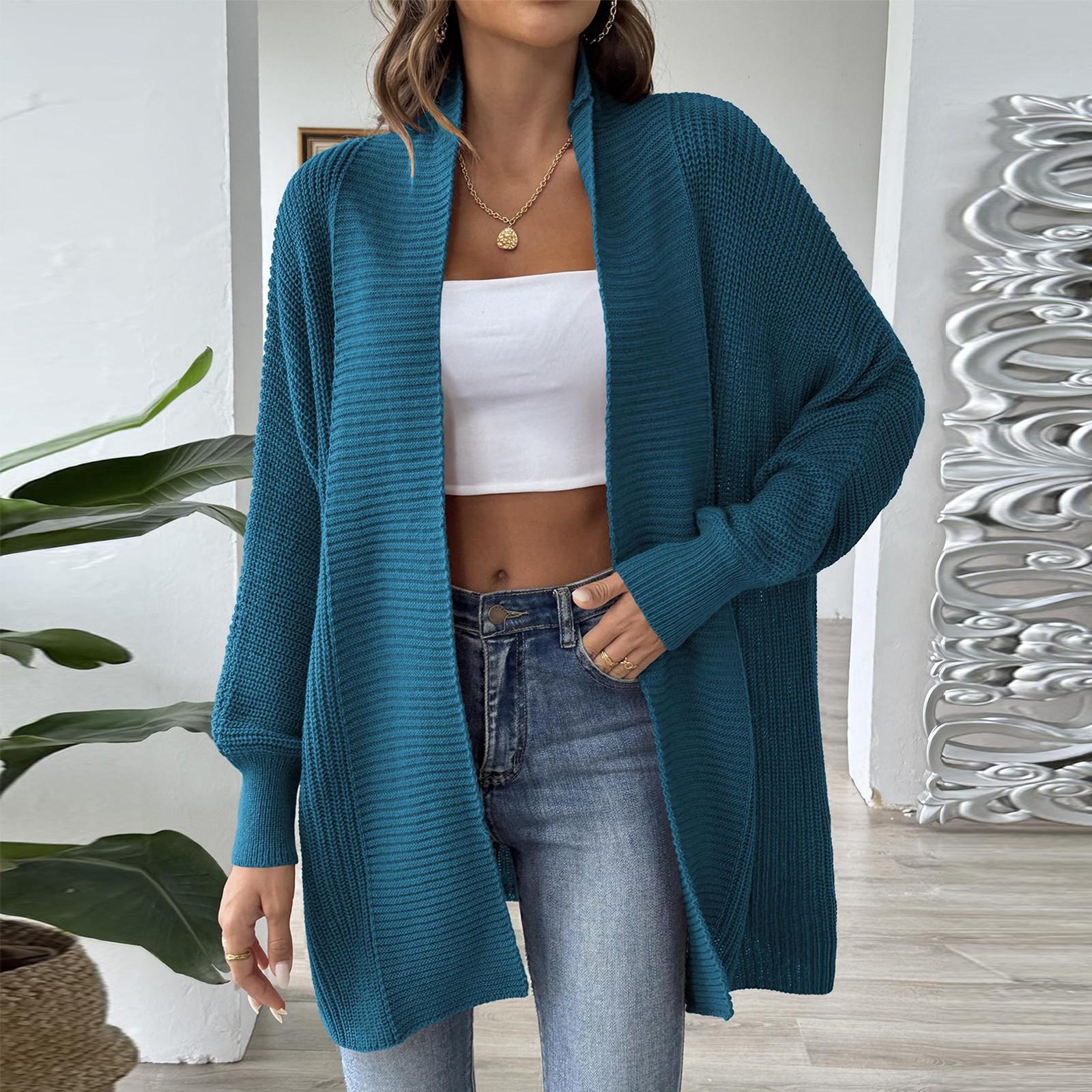 

Женский вязаный кардиган средней длины однотонный с длинным рукавом куртка свитер вязаный свитер One Size небесно-голубой