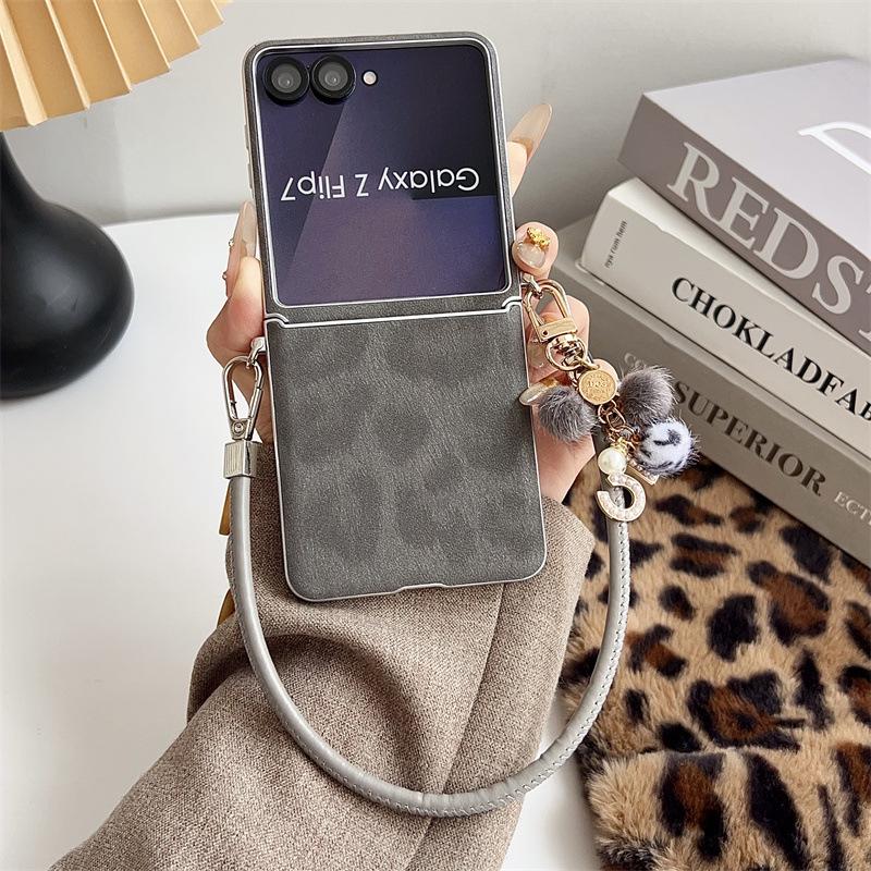 Samsung ZFLIP7 Leopard Print Case with Silver Edge & Hand Strap - Fits ZFLIP6/5