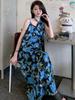 Seaside Resort French Blue Floral Spaghetti Strap Sleeveless Dress for Women, Summer 2026