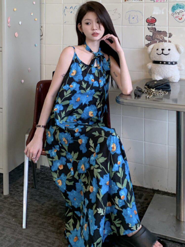 Seaside Resort French Blue Floral Spaghetti Strap Sleeveless Dress for Women, Summer 2026