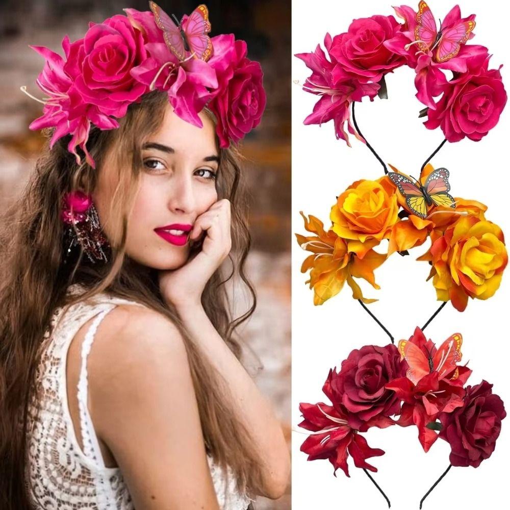 Butterfly Design Artificial Rose Hair Band Handmade Wedding Headwear Flowers Headband Lightweight Artificial Flower