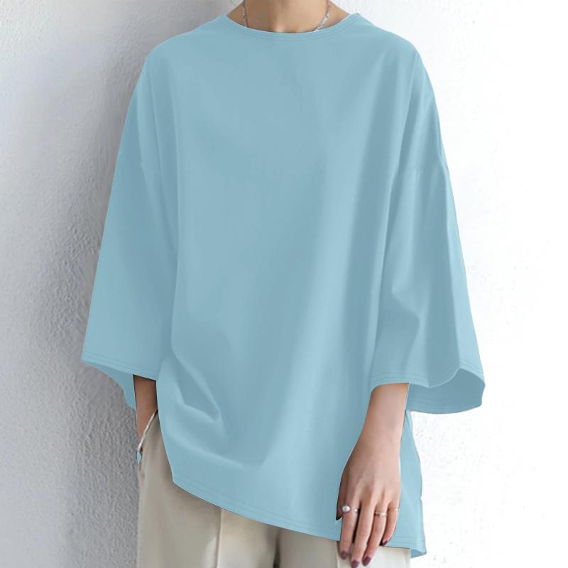 

ZANZEA Женская повседневная блузка с круглым вырезом и рукавом 3/4 светло-синий