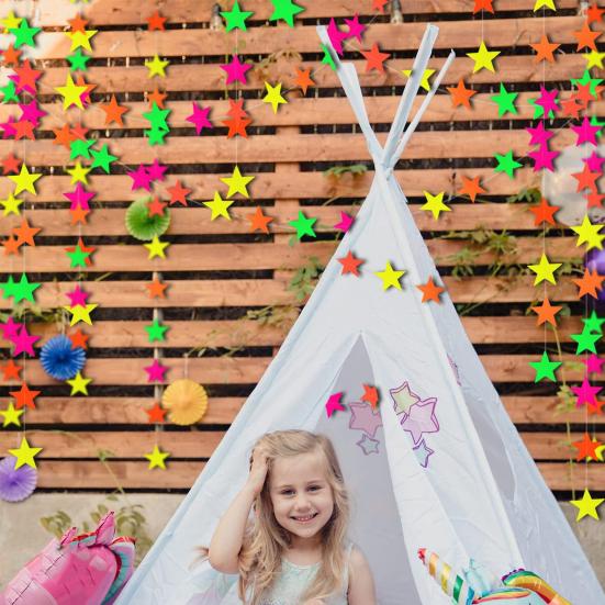 UV Neon Party Decoration Fluorescent Star Heart Circle Dot Garland Glow in The Dark Hanging Streamers Banner for Baby Bridal Shower Birthday Backdrop