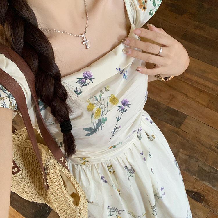 Women's Elegant Floral Puff Sleeve Square Neck Dress - New Summer 2026 French Vacation Style