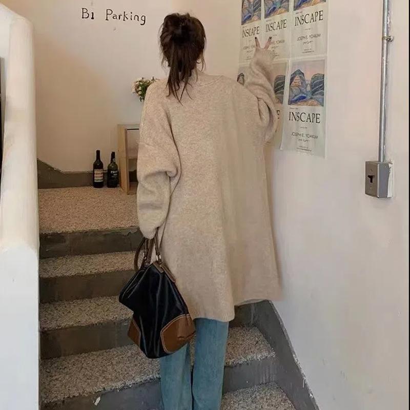 Pulover de lungime mijlocie de toamnă și iarnă Palton cardigan Versiune coreeană pentru femei Nișă stil leneș și leneș Pulover tricotat peste genunchi