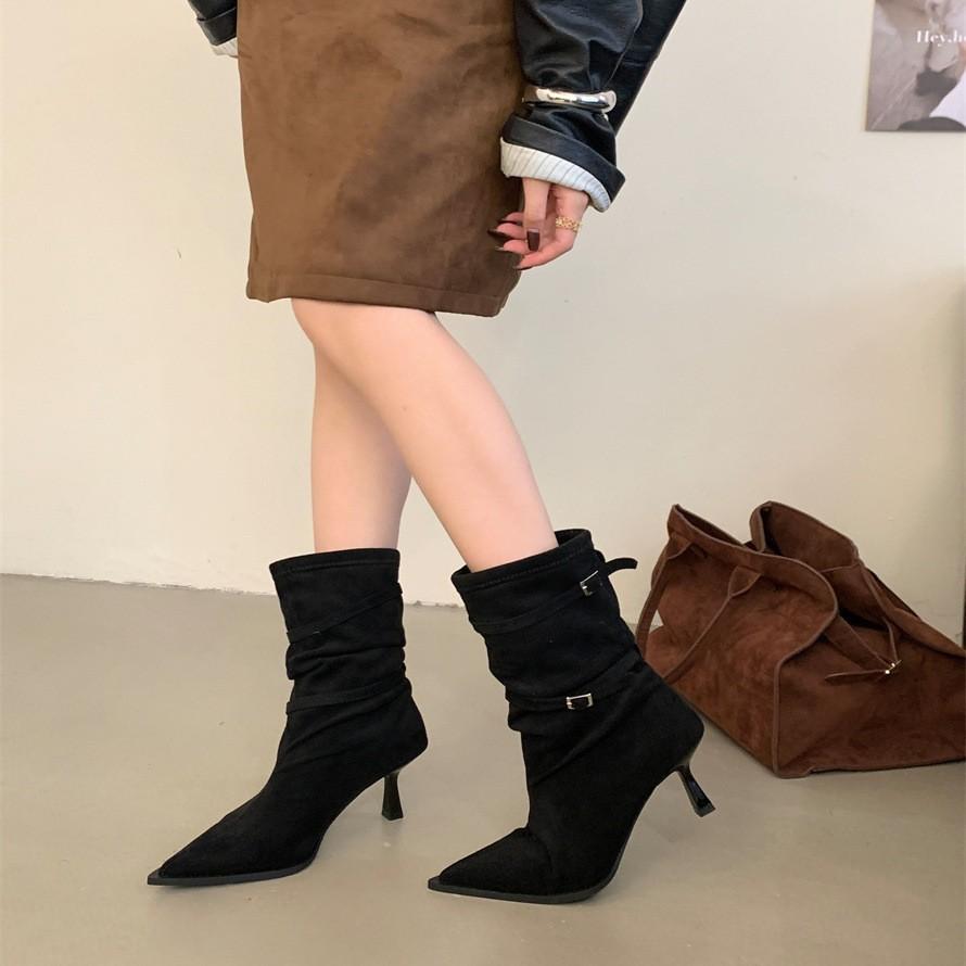 Fashion Fine Boots 2025 Autumn and Winter Thin Strap Pointed Suede Thin Heel High Boots But Knee High Heel Boots Women's Shoes