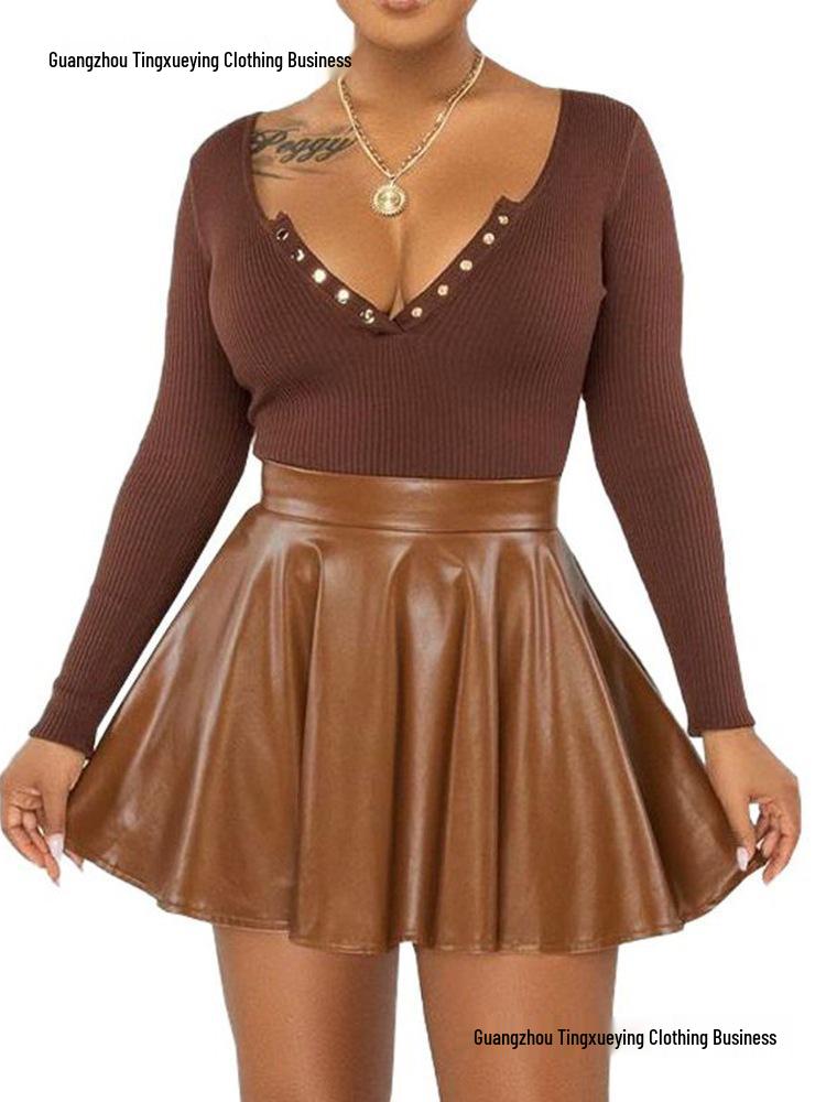 Women's Sexy Solid Color PU Mini A-line Skirt