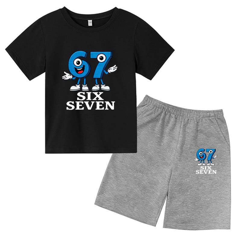 67 Funny Cartoon Number Print Kids Summer Casual 2PCS Breathable Tees+Short Pants Suits 2-13 Years Boys Girls Fashion Clothes