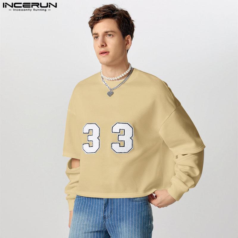 INCERUN Men Spring Cutout Long Sleeve Print Loose Pullover Sweatshirts