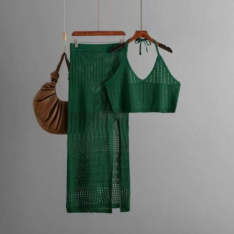 Western Style Sexy Knitted Hollow out Vest Skirt Two-piece Set Knitted Vest and Skirt Set
